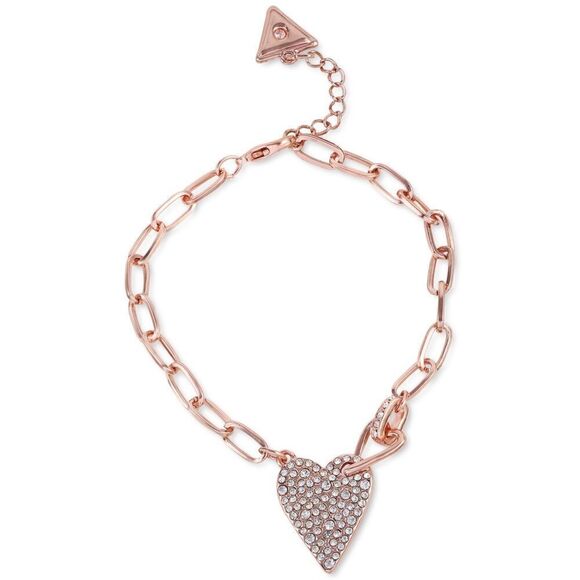 GUESS Rose Gold Tone Pavé Crystal Heart Paperclip Link Chain Bracelet New - Picture 1 of 3